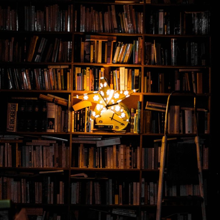 A warm light fixture hangs among books on a dark wooden bookshelf.